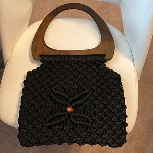 Handmade Large Macrame handbag - black with brown wood handles.